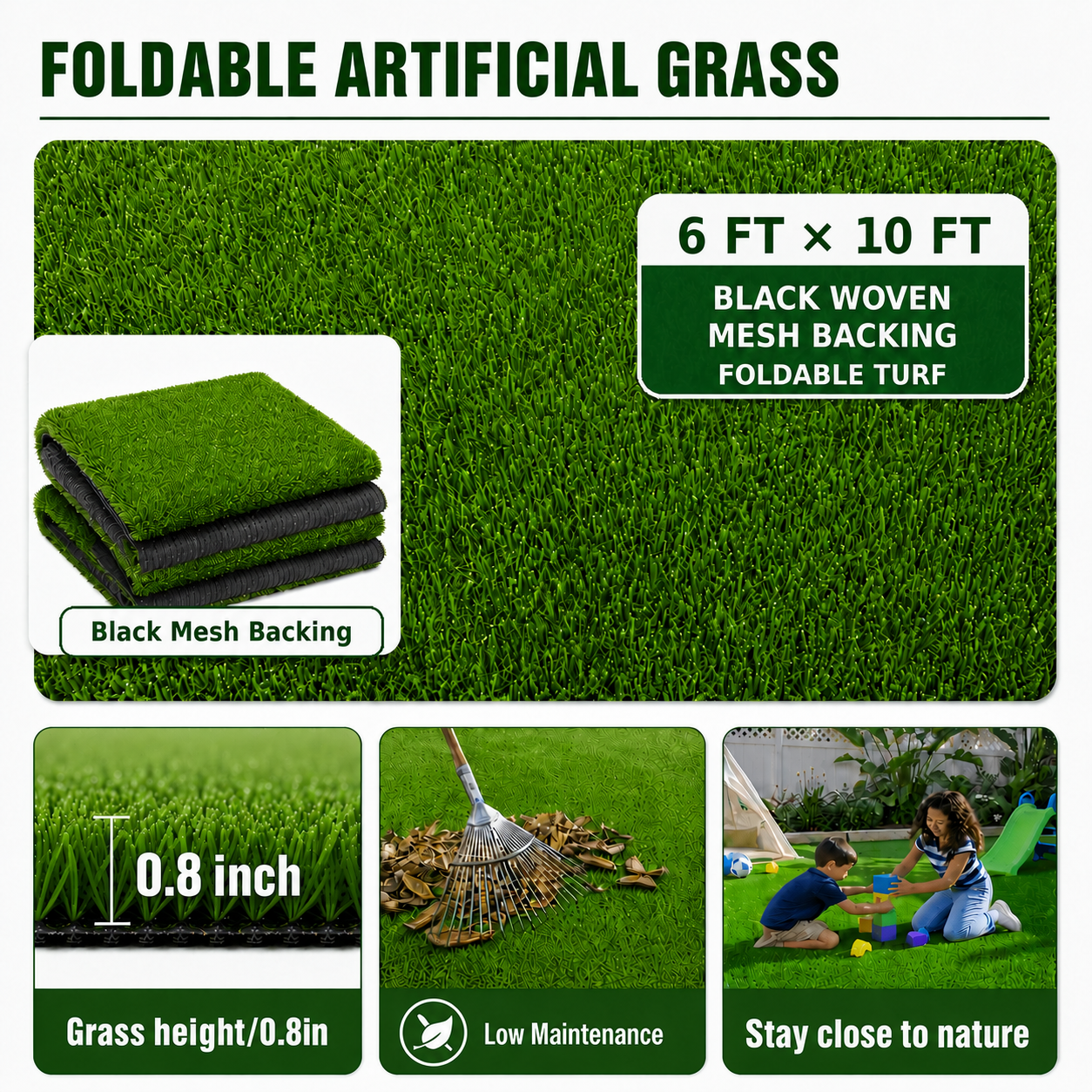 Outdoor Artificial Grass Roll - 0.7" Pile Height, 6 ft x 10 ft