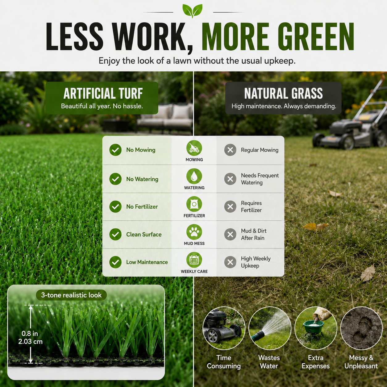 Outdoor Artificial Grass Roll - 0.7" Pile Height, 6.5 ft x 15 ft