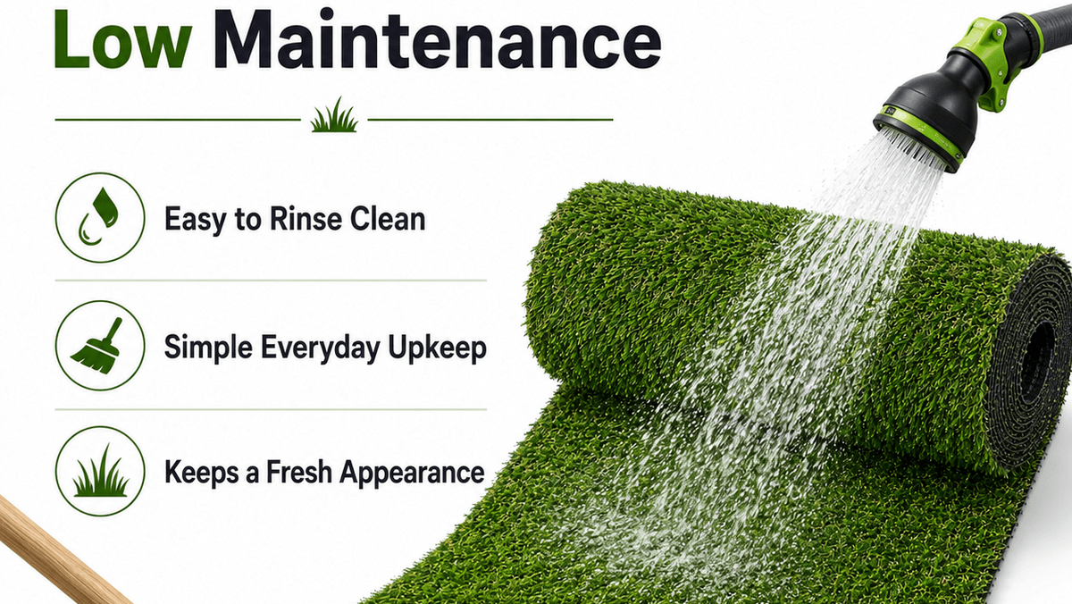 Roll of artificial grass with a hose and broom, labeled 'Low Maintenance'.
