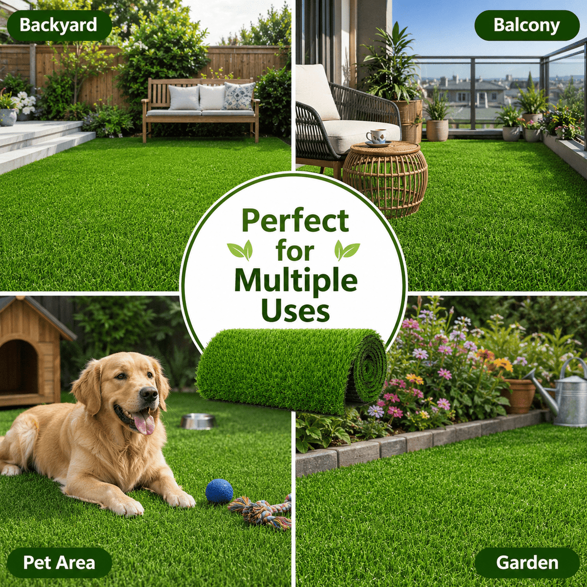 Collage of artificial grass used in backyard, balcony, pet area, and garden settings.