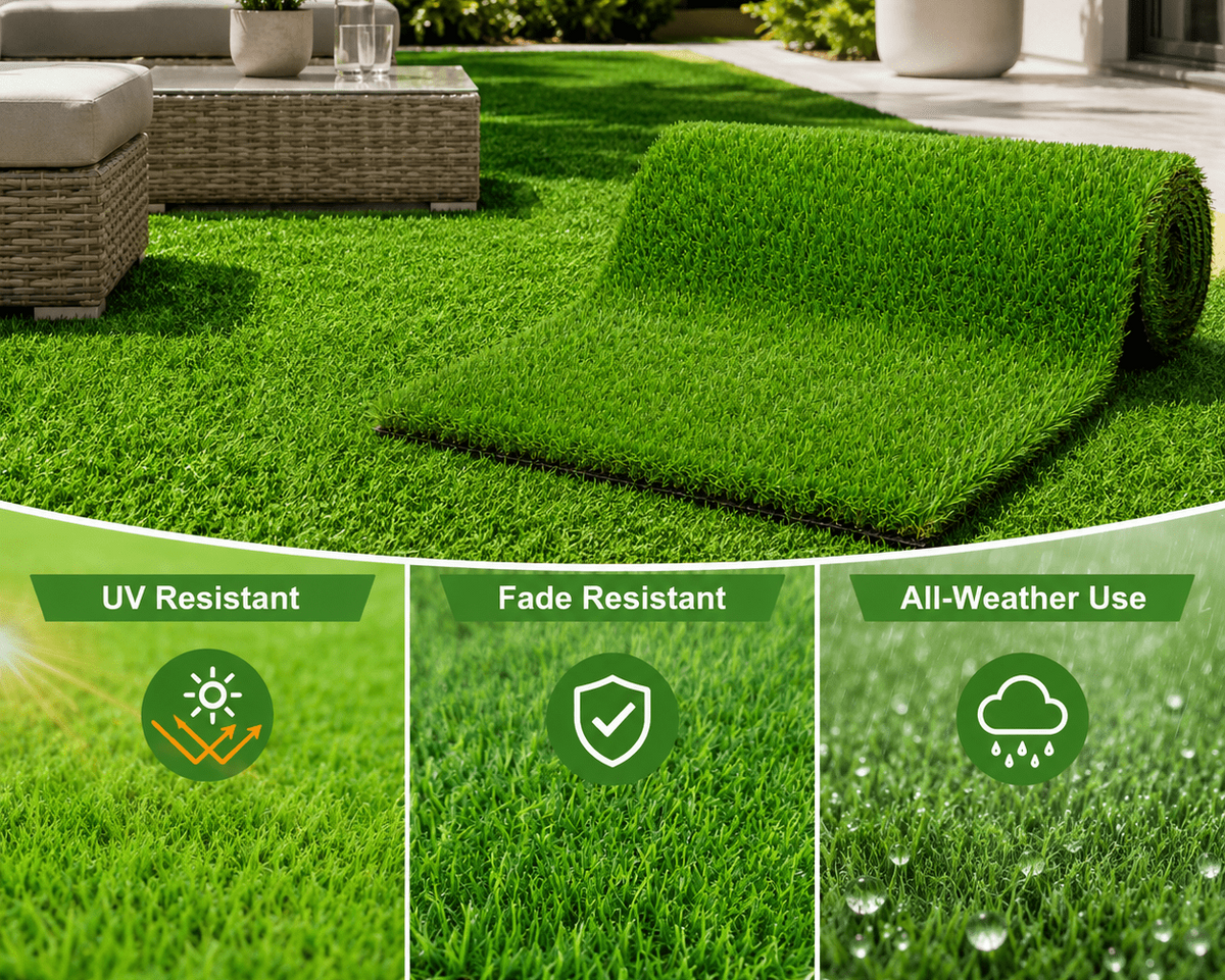 Roll of artificial grass on a patio with outdoor furniture, surrounded by greenery.