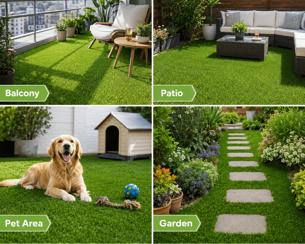 Collage of artificial grass used on balconies, patios, pet areas, and gardens with text indicating indoor and outdoor use.