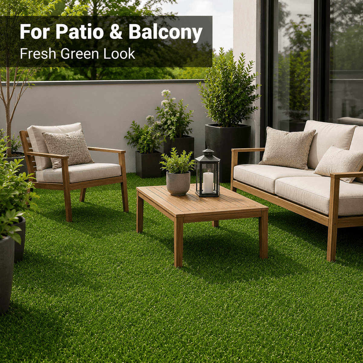 Outdoor patio setup with wooden furniture, plants, and a coffee table on a grassy area.