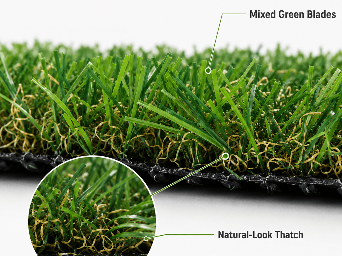 Artificial grass with mixed green blades and natural-look thatch, labeled for features.