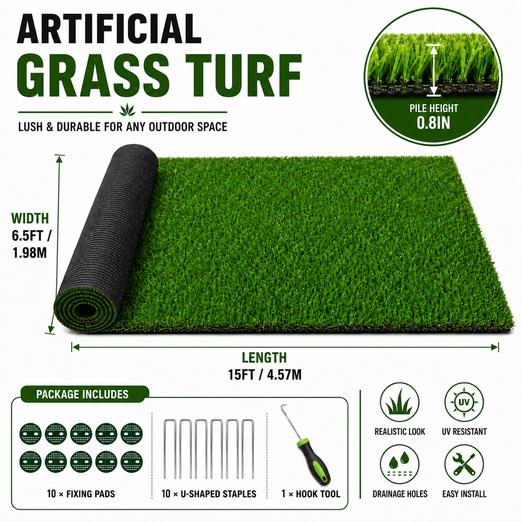 Outdoor Artificial Grass Roll - 0.7" Pile Height, 6.5 ft x 15 ft