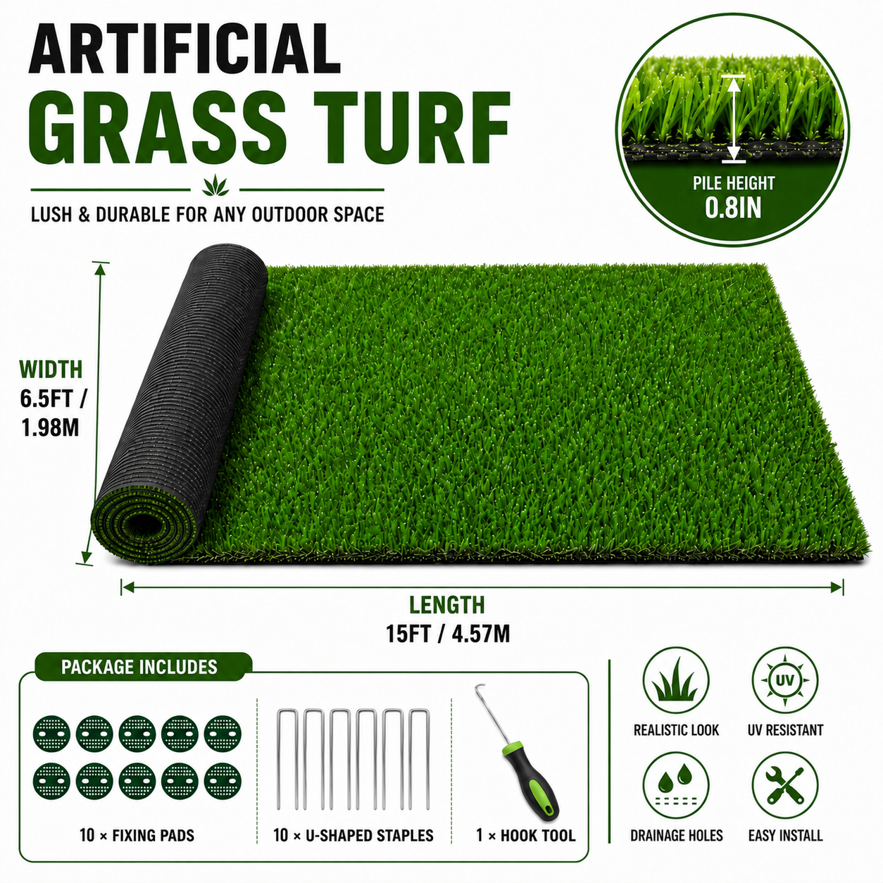 Outdoor Artificial Grass Roll - 0.7" Pile Height, 6.5 ft x 15 ft