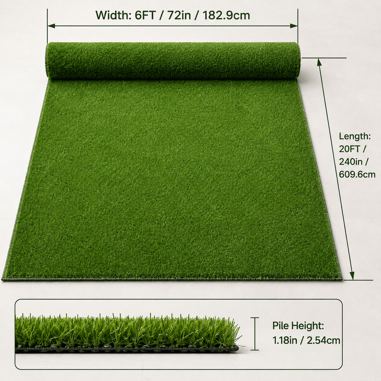 Outdoor Artificial Grass Roll - 0.7" Pile Height, 6 ft x 20 ft