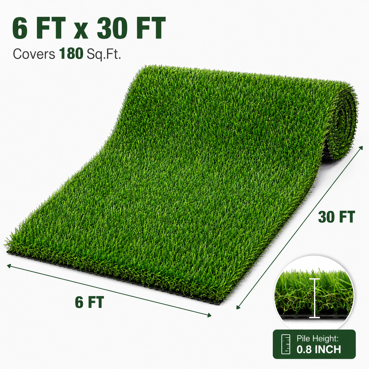 Outdoor Artificial Grass Roll - 0.7" Pile Height, 6 ft x 30 ft