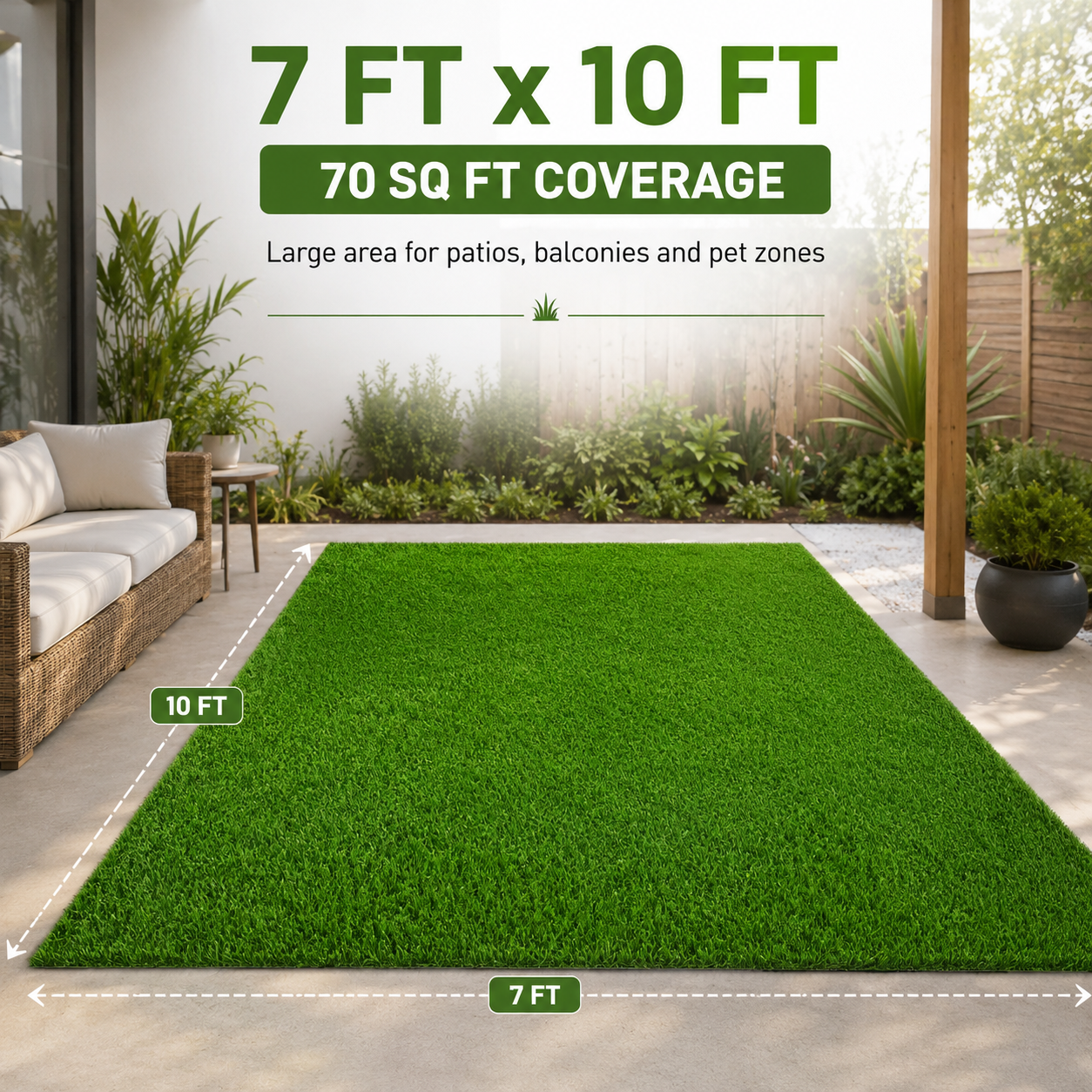 Outdoor Artificial Grass Roll - 0.7" Pile Height, 7 ft x 10 ft