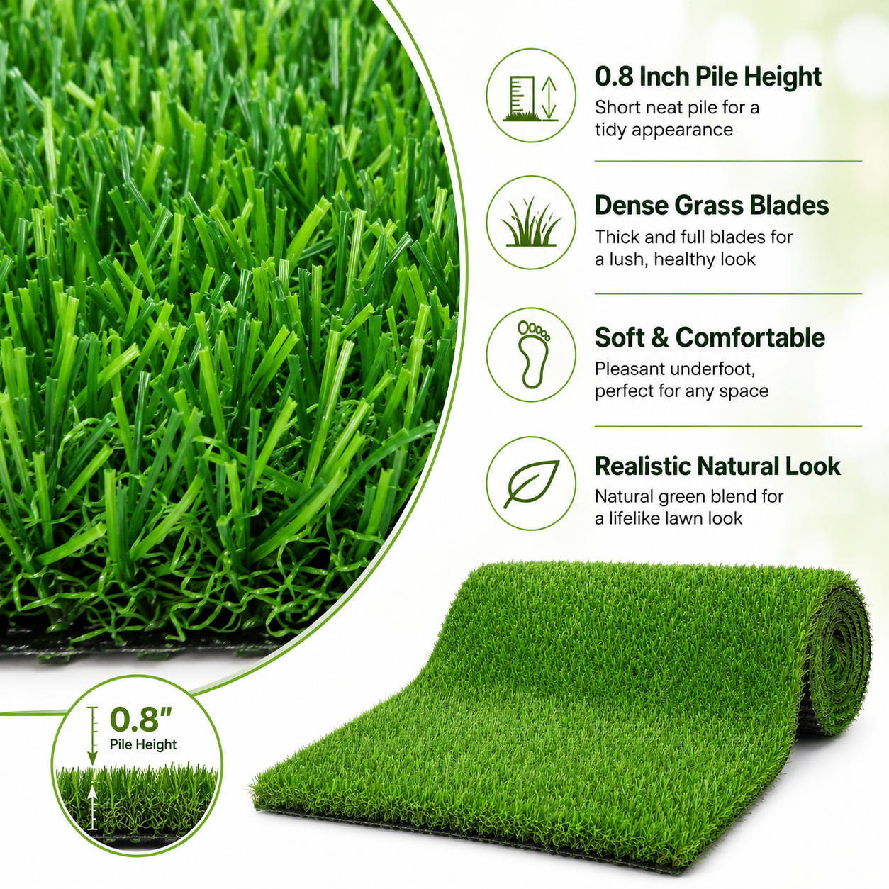 Outdoor Artificial Grass Roll - 0.7" Pile Height, 6 ft x 30 ft