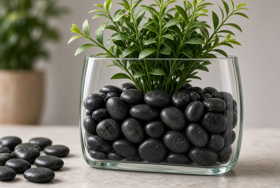 Glass container with greenery and black river rocks as filler