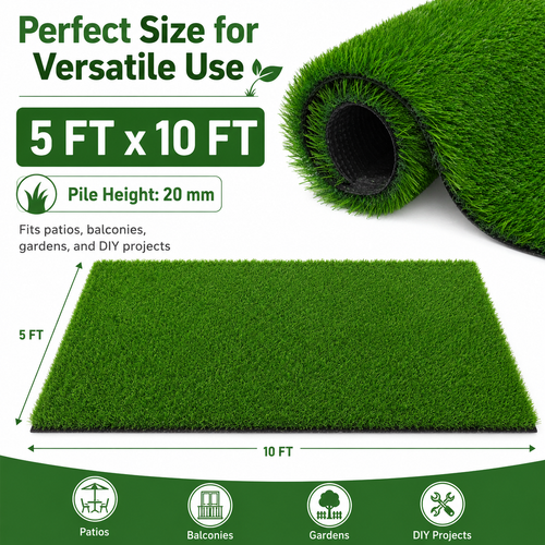 Outdoor Artificial Grass Roll - 0.7" Pile Height, 5 ft x 10 ft