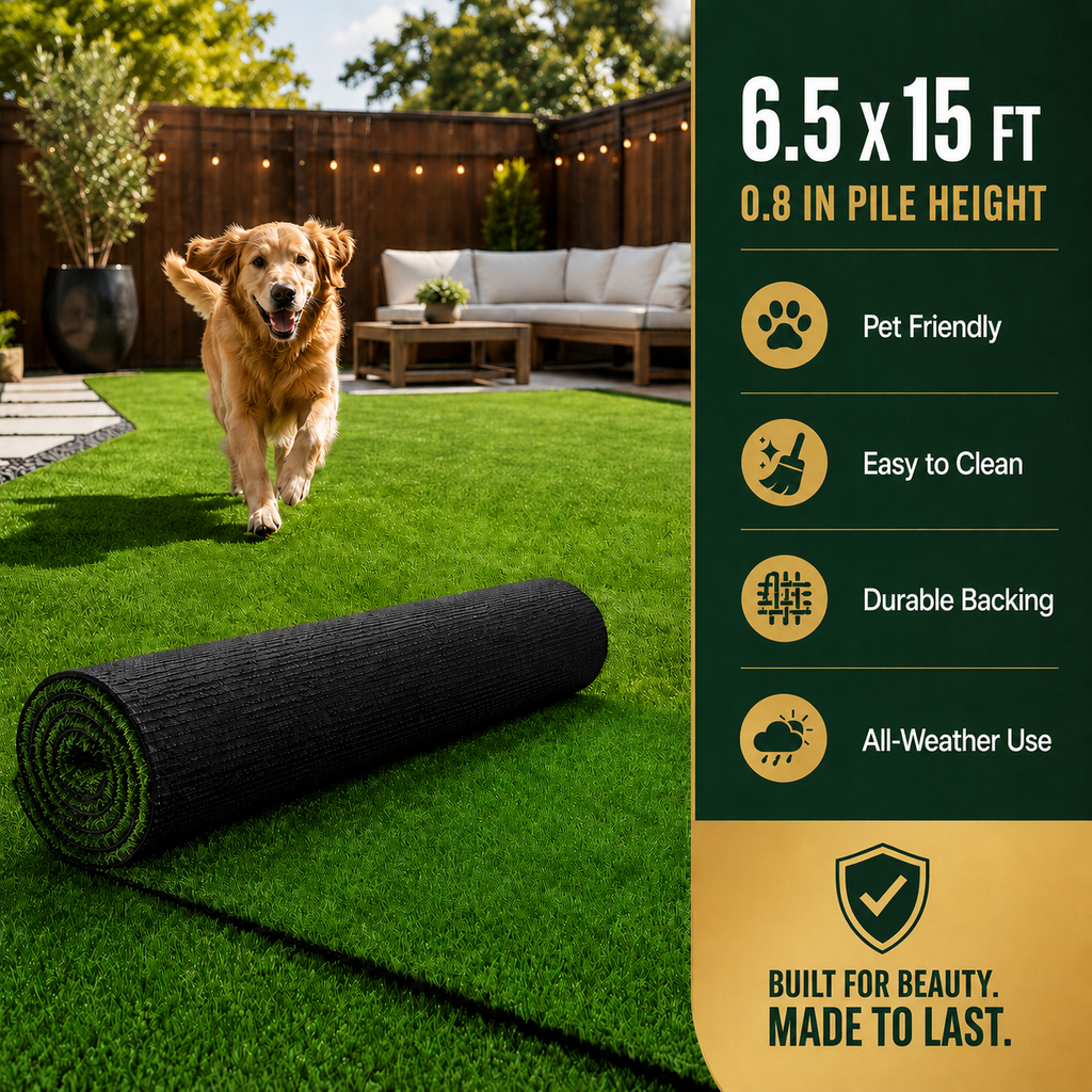 Outdoor Artificial Grass Roll - 0.7" Pile Height, 6.5 ft x 15 ft