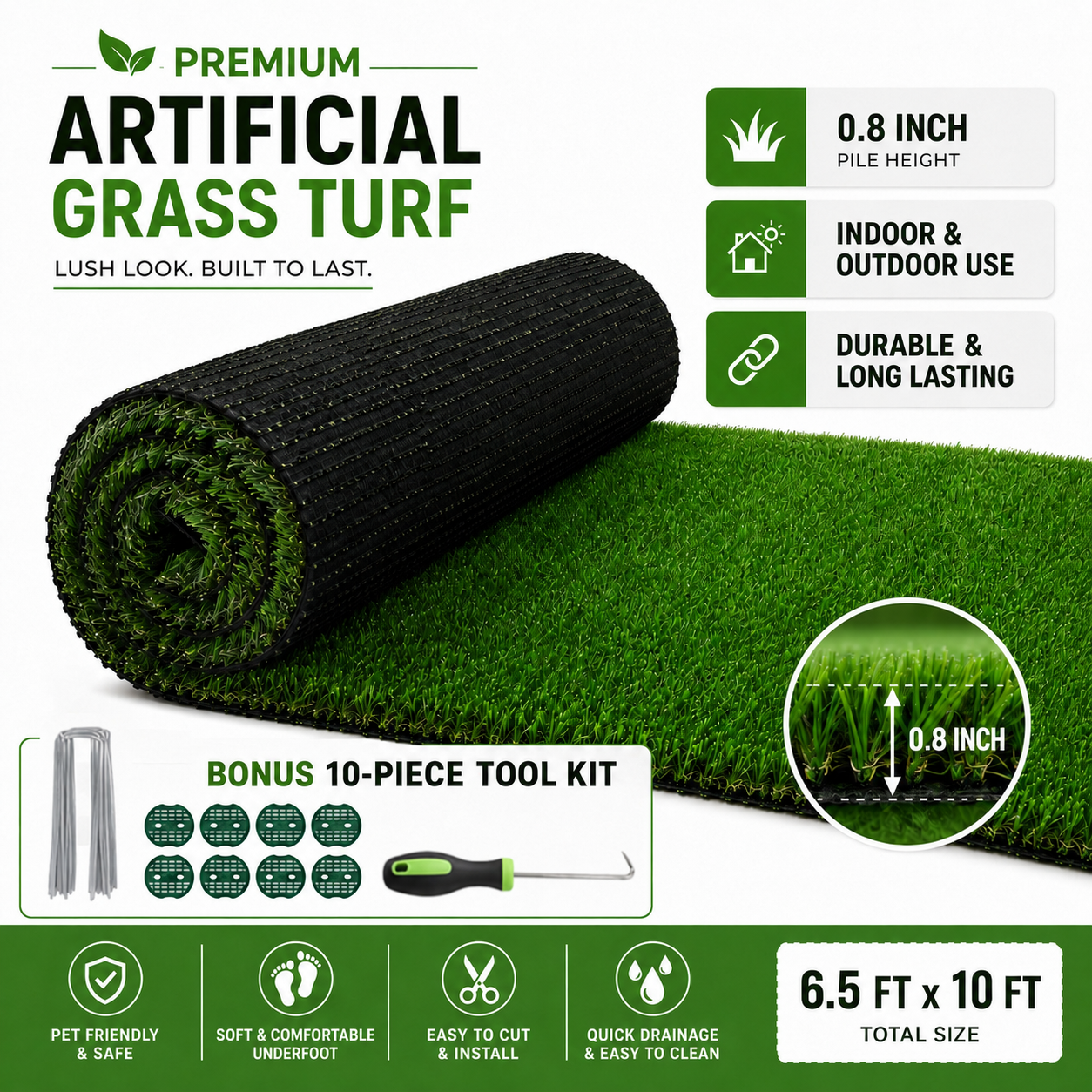Outdoor Artificial Grass Roll - 0.7" Pile Height, 6.5 ft x 10 ft