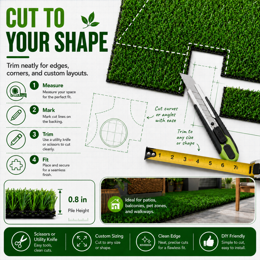 Outdoor Artificial Grass Roll - 0.7" Pile Height, 6.5 ft x 15 ft