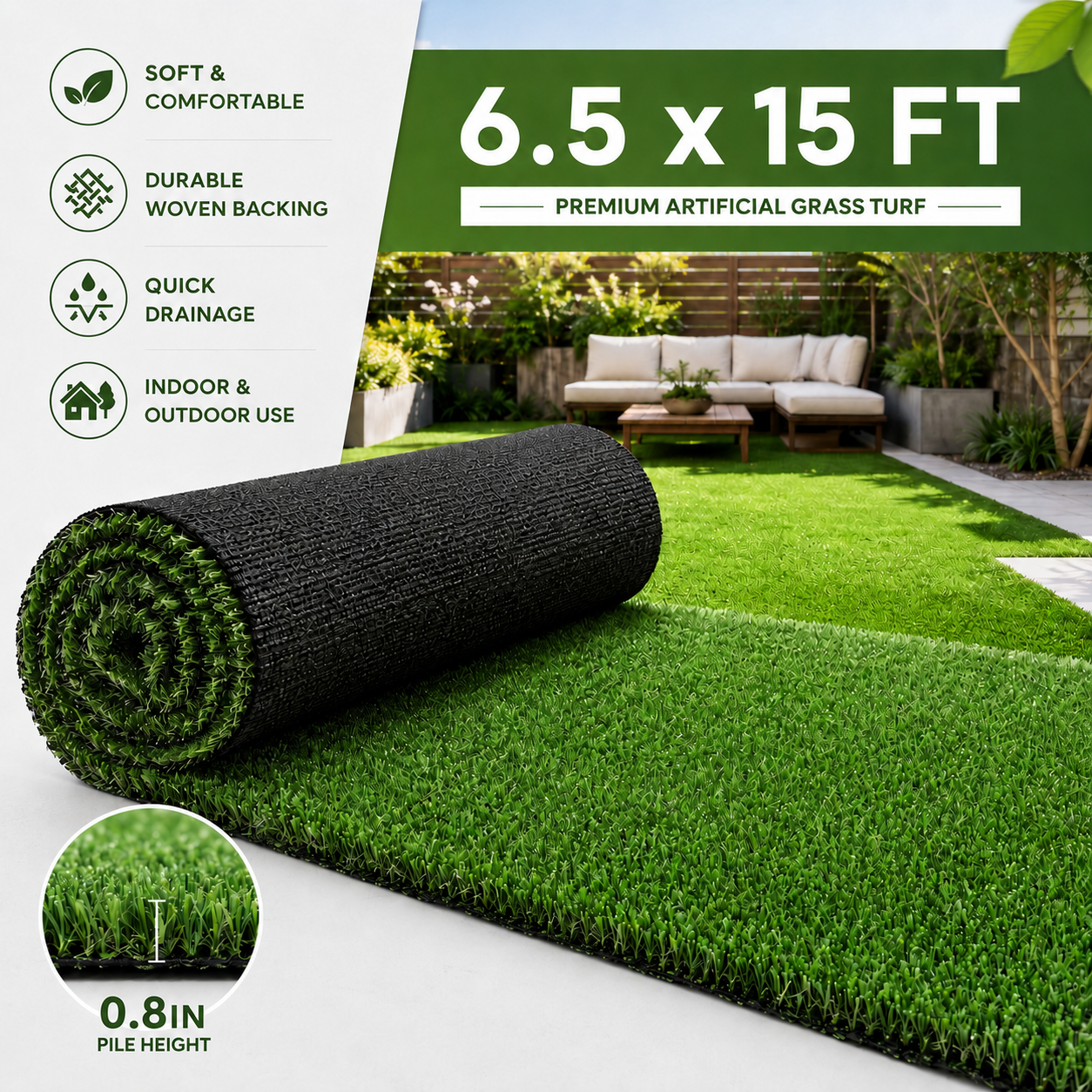 Outdoor Artificial Grass Roll - 0.7" Pile Height, 6.5 ft x 15 ft