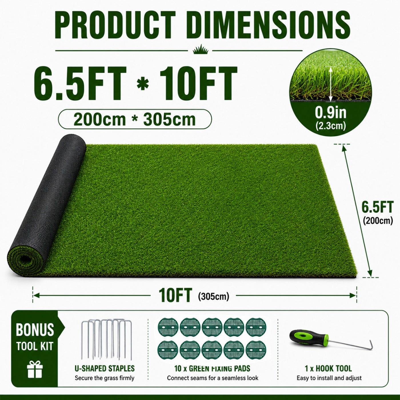 Outdoor Artificial Grass Roll - 0.7" Pile Height, 6.5 ft x 10 ft