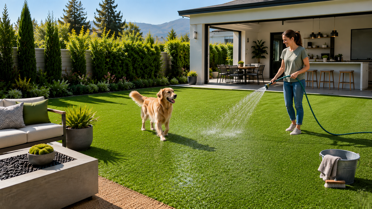 A woman waters a green lawn with a hose while a golden retriever stands nearby in a modern backyard setting with a patio, lounge chair, and landscaped hedges.