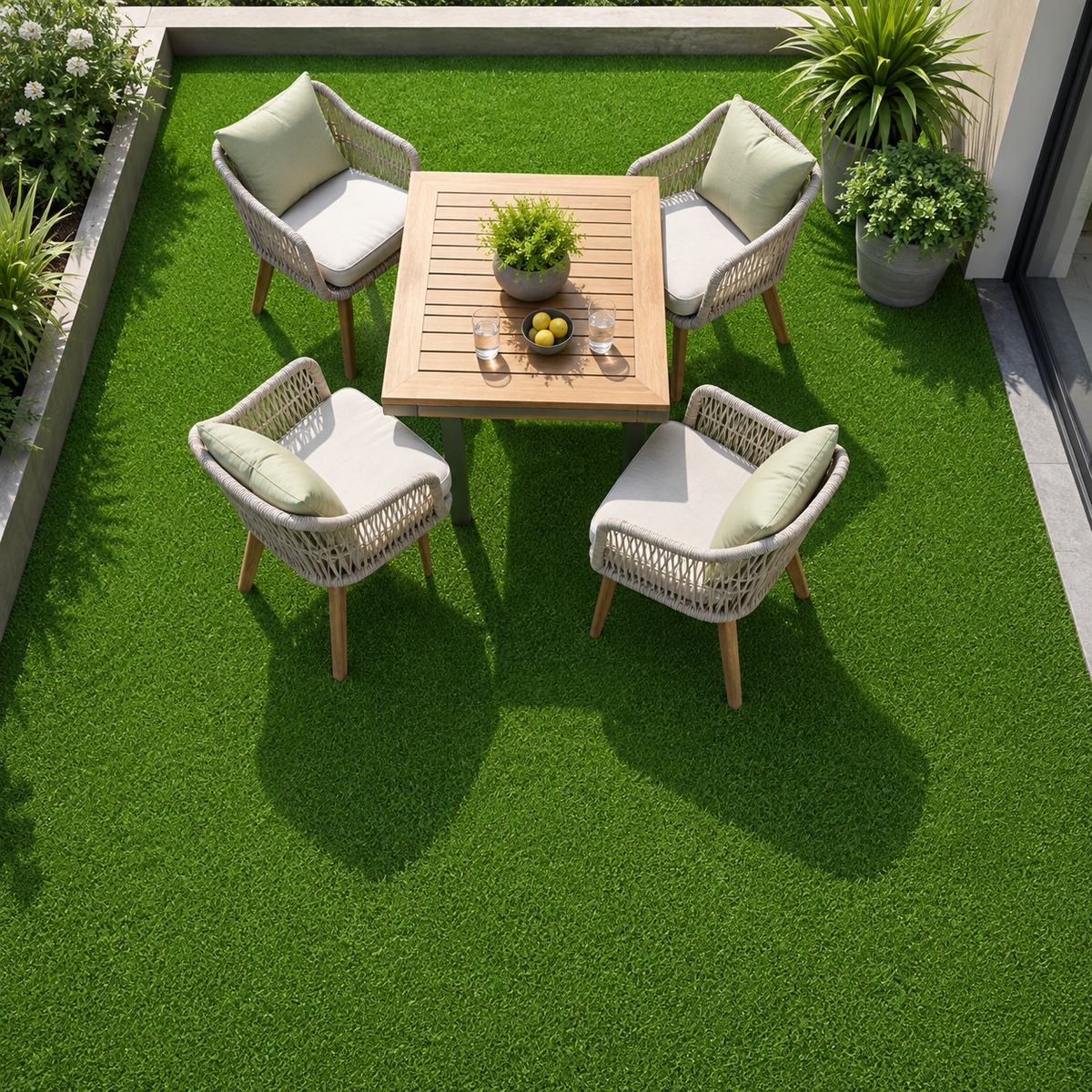 A top-down view of a 4-piece outdoor patio dining set on a green artificial turf background. The set includes a rectangular wooden slat-top table and four woven wicker armchairs with light beige cushions and sage green pillows.