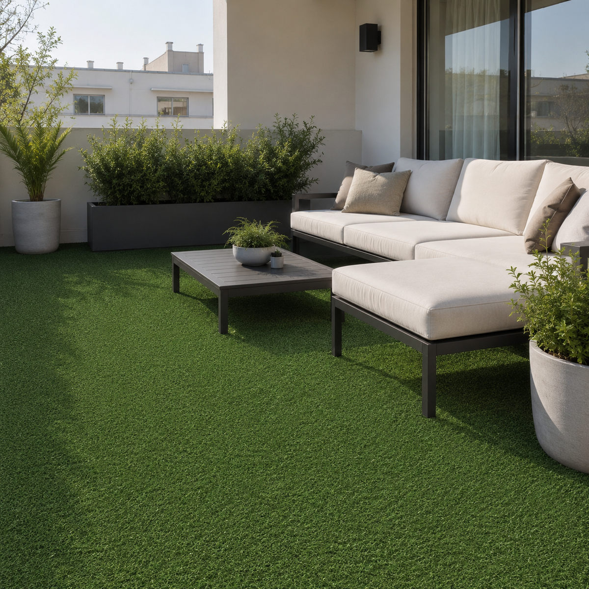 Modern outdoor patio furniture set on artificial green grass, featuring a white sectional sofa with beige pillows, a matching ottoman, a dark gray rectangular coffee table, and potted plants in a sunny urban setting.