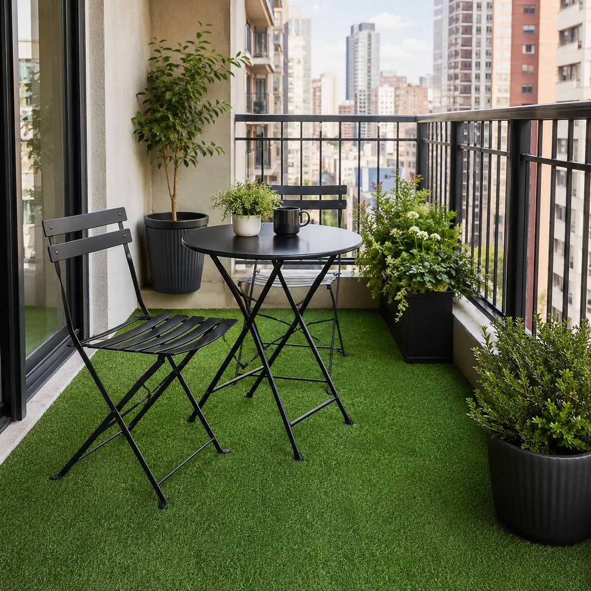 A black metal patio dining set consisting of a small round table and two folding chairs, arranged on green artificial grass with a balcony railing and city buildings in the background.
