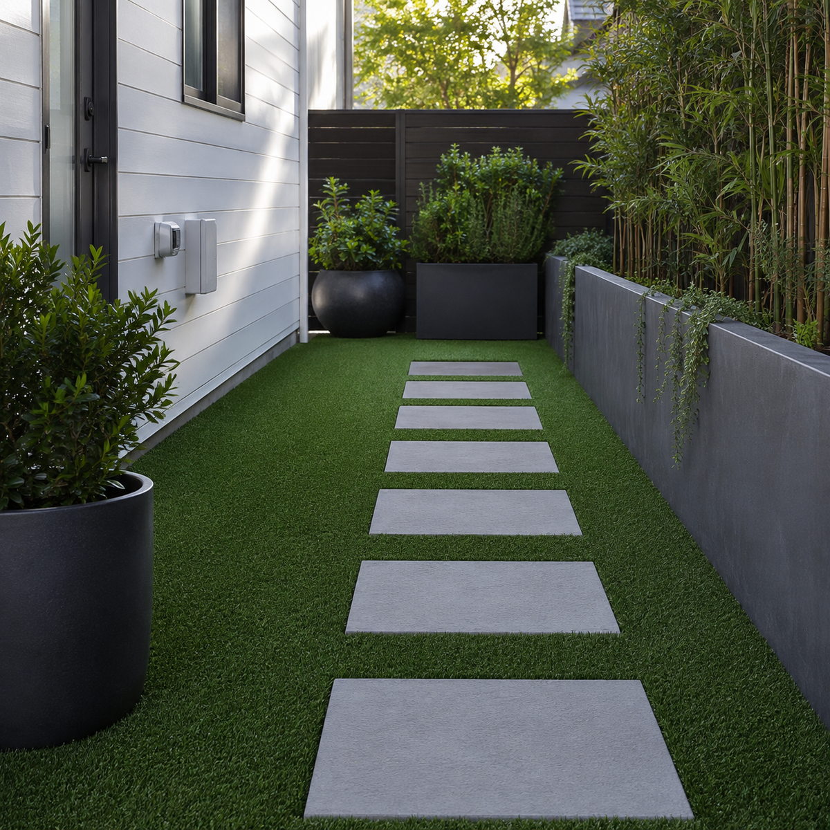 A modern backyard garden pathway made of rectangular light gray stone slabs laid over bright green artificial turf, bordered by a white house wall on one side and tall planters with bamboo and foliage on the other.
