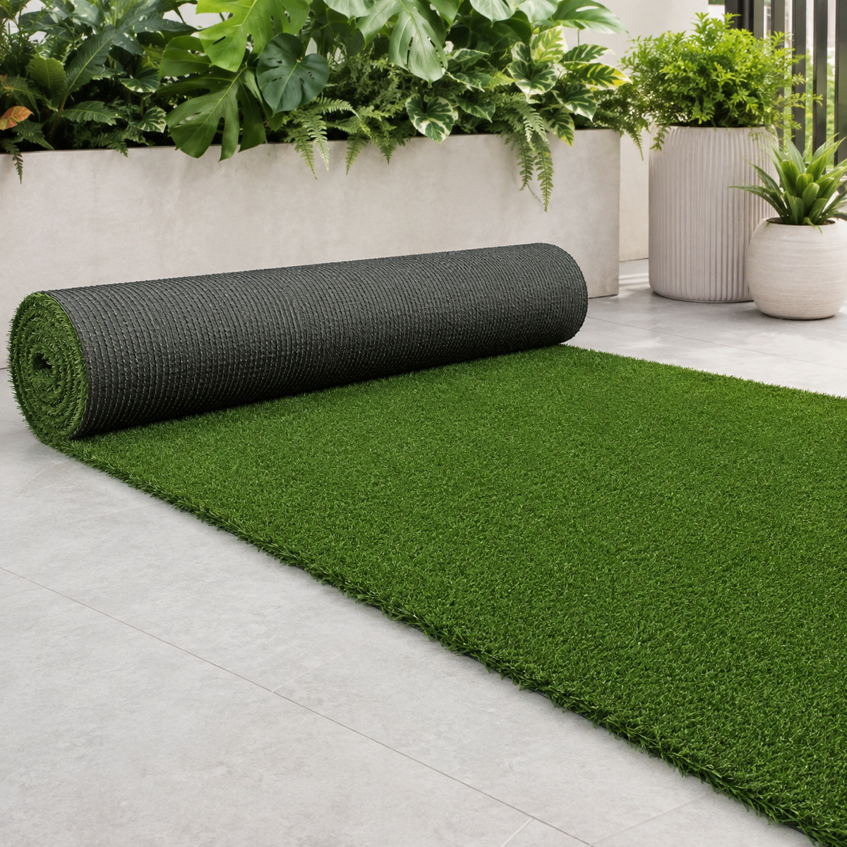 A roll of green artificial turf or grass carpet partially unrolled on a light gray tiled floor, with potted plants in the background.
