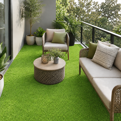 A bright green artificial turf or carpeted balcony patio with outdoor furniture, including a beige sofa with patterned pillows, a wicker coffee table, and potted plants.