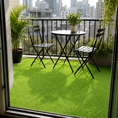 A small black metal patio set with a round table and two folding chairs placed on bright green artificial grass, photographed from inside a balcony looking out toward a city skyline. Potted plants and a black railing are visible around the space.