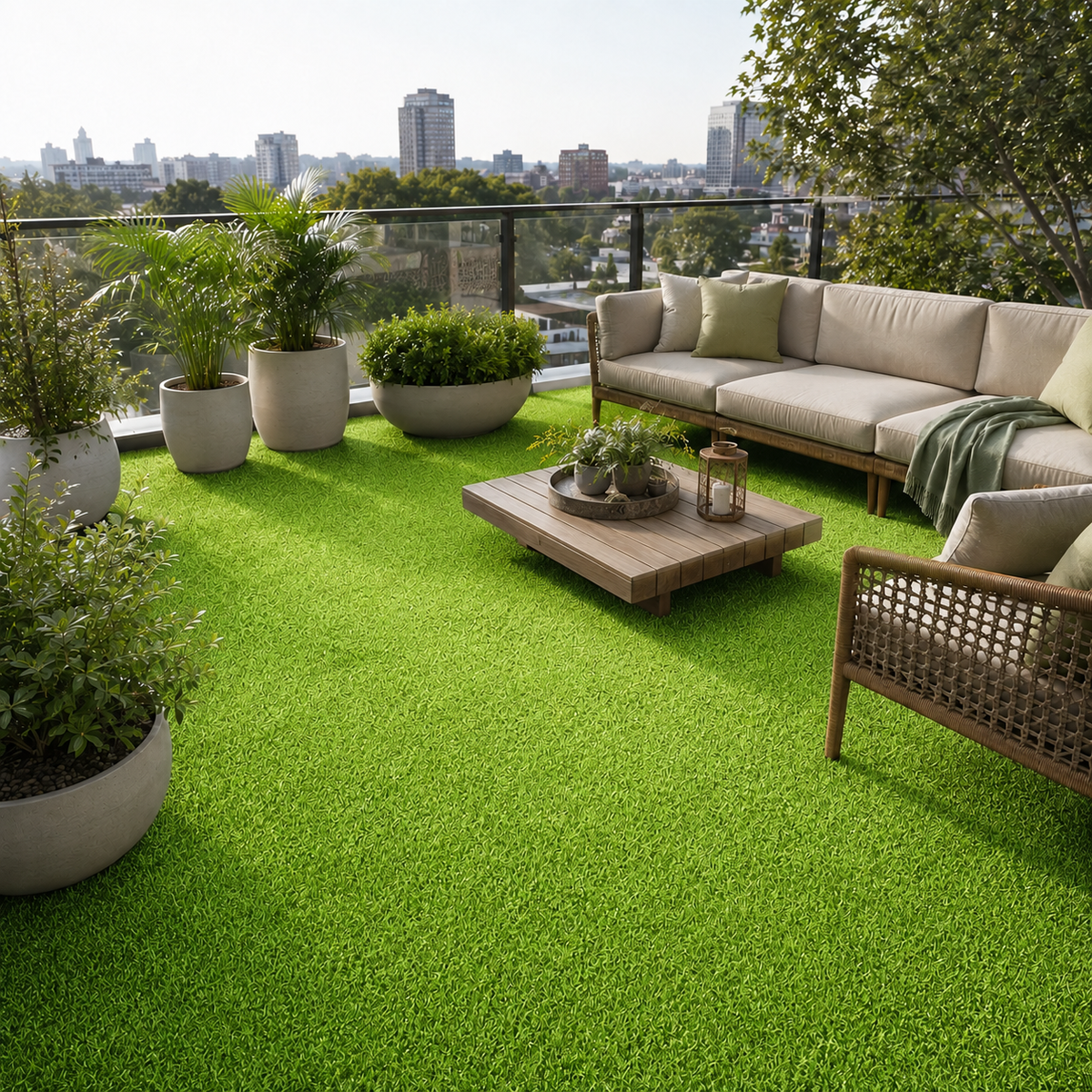 A styled rooftop patio with bright green artificial turf, a cream sectional sofa, a wooden coffee table, potted plants, and a city skyline in the background.