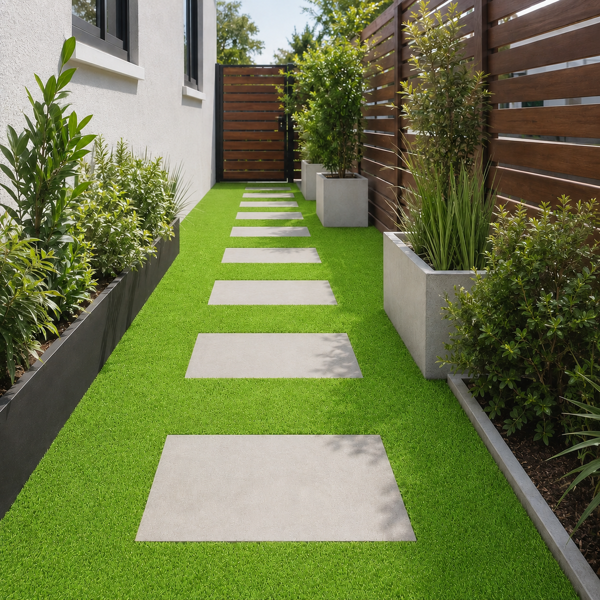 A modern garden pathway with bright green artificial turf, rectangular light gray stone pavers, a dark wood fence, and concrete planters with shrubs and trees.