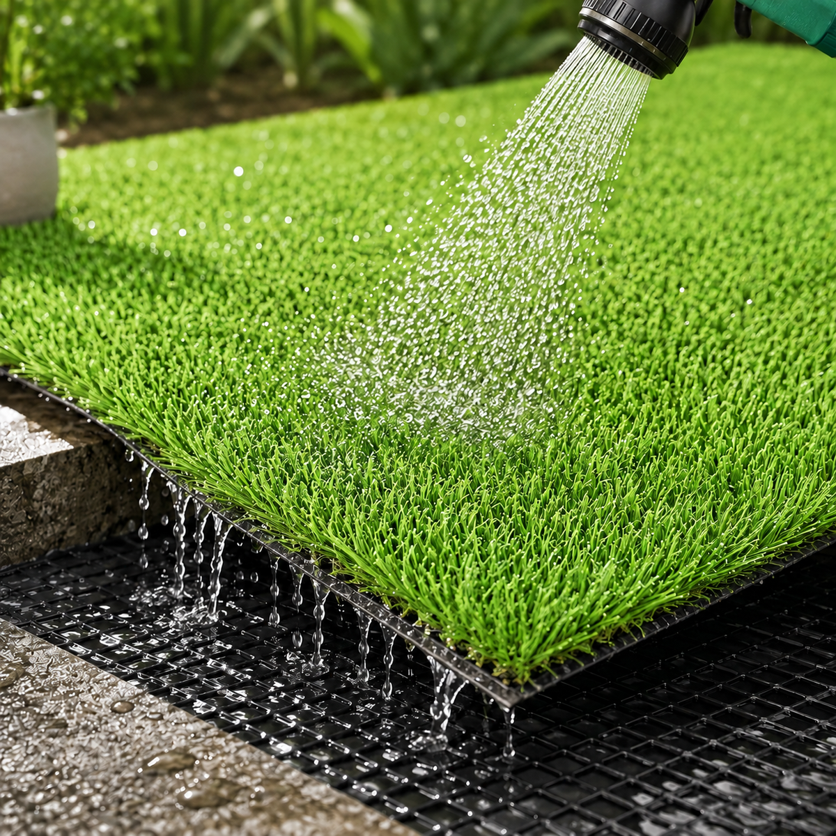 Green artificial turf grass mat being watered from above by a hose, with water dripping through the black grid backing into a stone surface below.