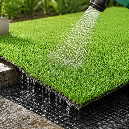 Green artificial turf grass mat being watered from above by a hose, with water dripping through the black grid backing into a stone surface below.