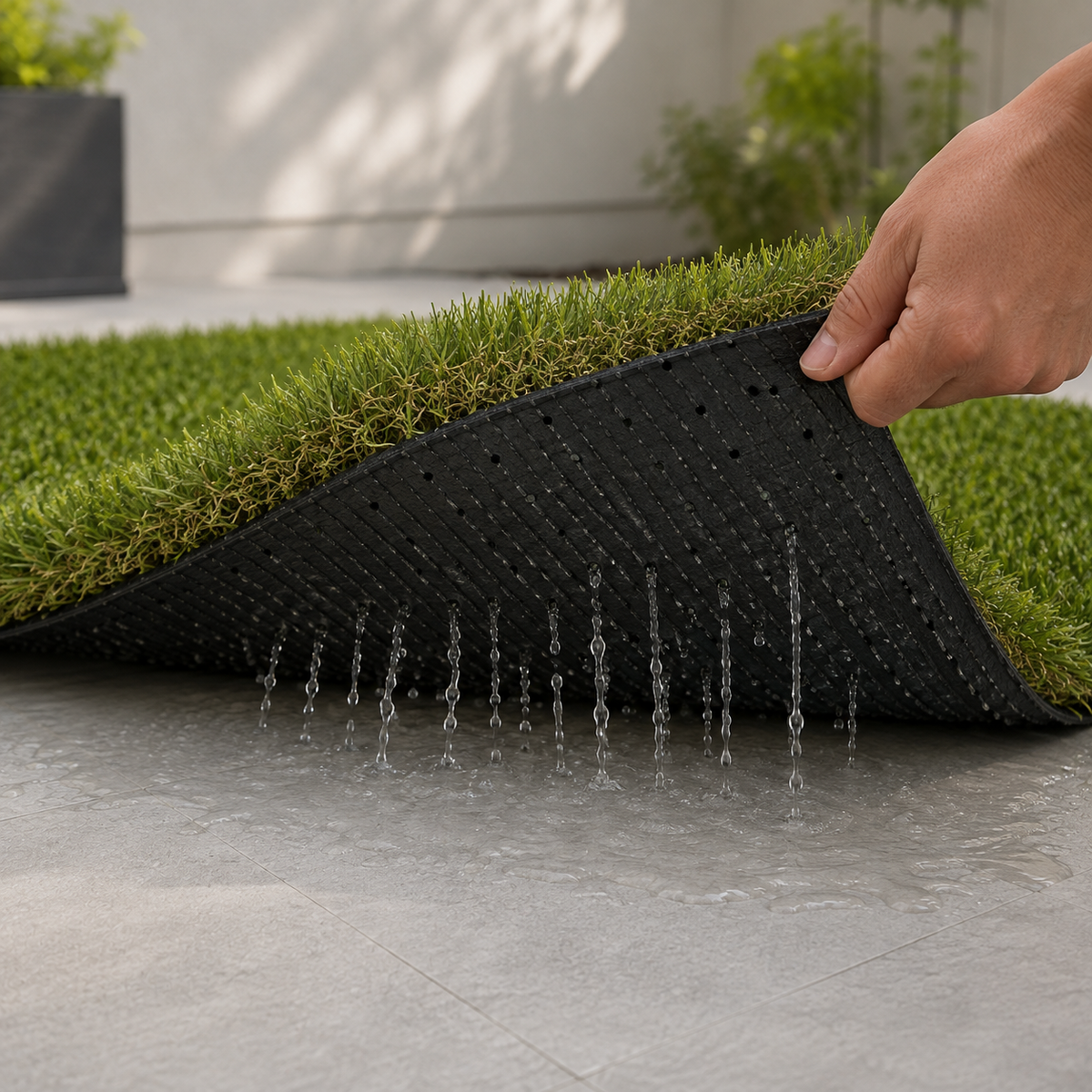 A close-up of a person's hand lifting a corner of green artificial turf to show the black textured backing and water drainage, set against a gray tiled floor.