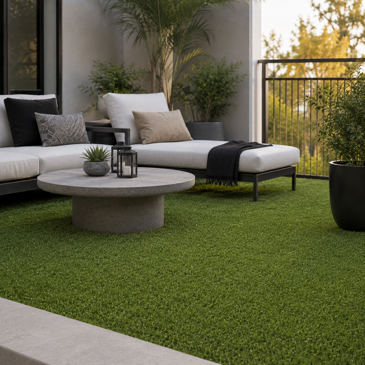 A modern outdoor patio setup with a white sectional sofa, round concrete coffee table, black throw blanket, potted plants, and artificial green grass in the foreground.