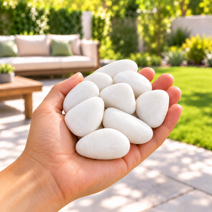A hand holding smooth white decorative stones, with a blurred outdoor patio and garden background.