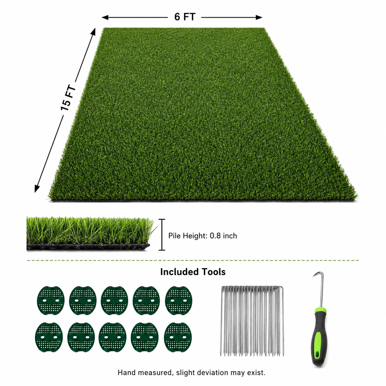 Outdoor Artificial Grass Roll - 0.7" Pile Height, 6 ft x 15 ft, Non-Adhesive Backing