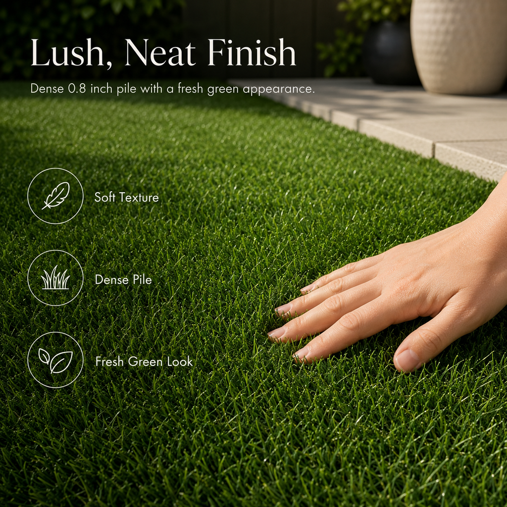Outdoor Artificial Grass Roll - 0.7" Pile Height, 6.5 ft x 15 ft, Non-Adhesive Backing