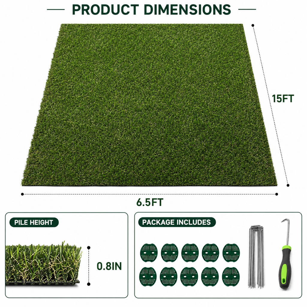 Outdoor Artificial Grass Roll - 0.7" Pile Height, 6.5 ft x 15 ft, Non-Adhesive Backing