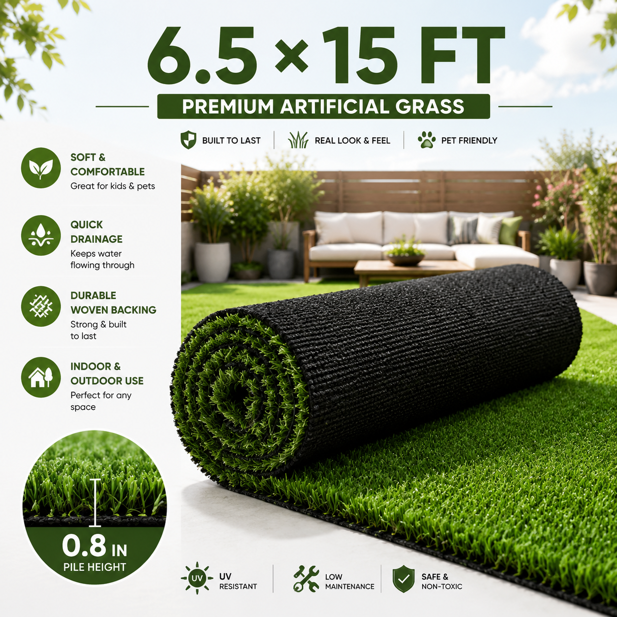 Outdoor Artificial Grass Roll - 0.7" Pile Height, 6.5 ft x 15 ft, Non-Adhesive Backing