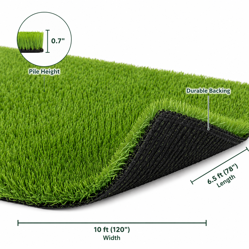 Outdoor Artificial Grass Roll - 0.7" Pile Height, 6.5 ft x 10 ft