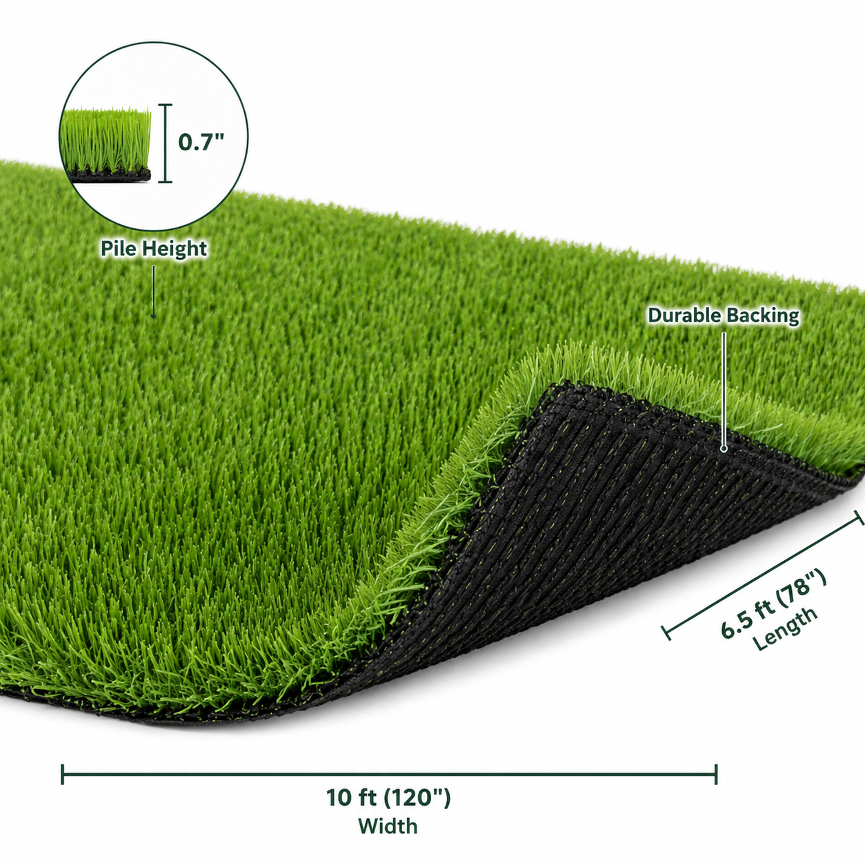 Outdoor Artificial Grass Roll - 0.7" Pile Height, 6.5 ft x 10 ft