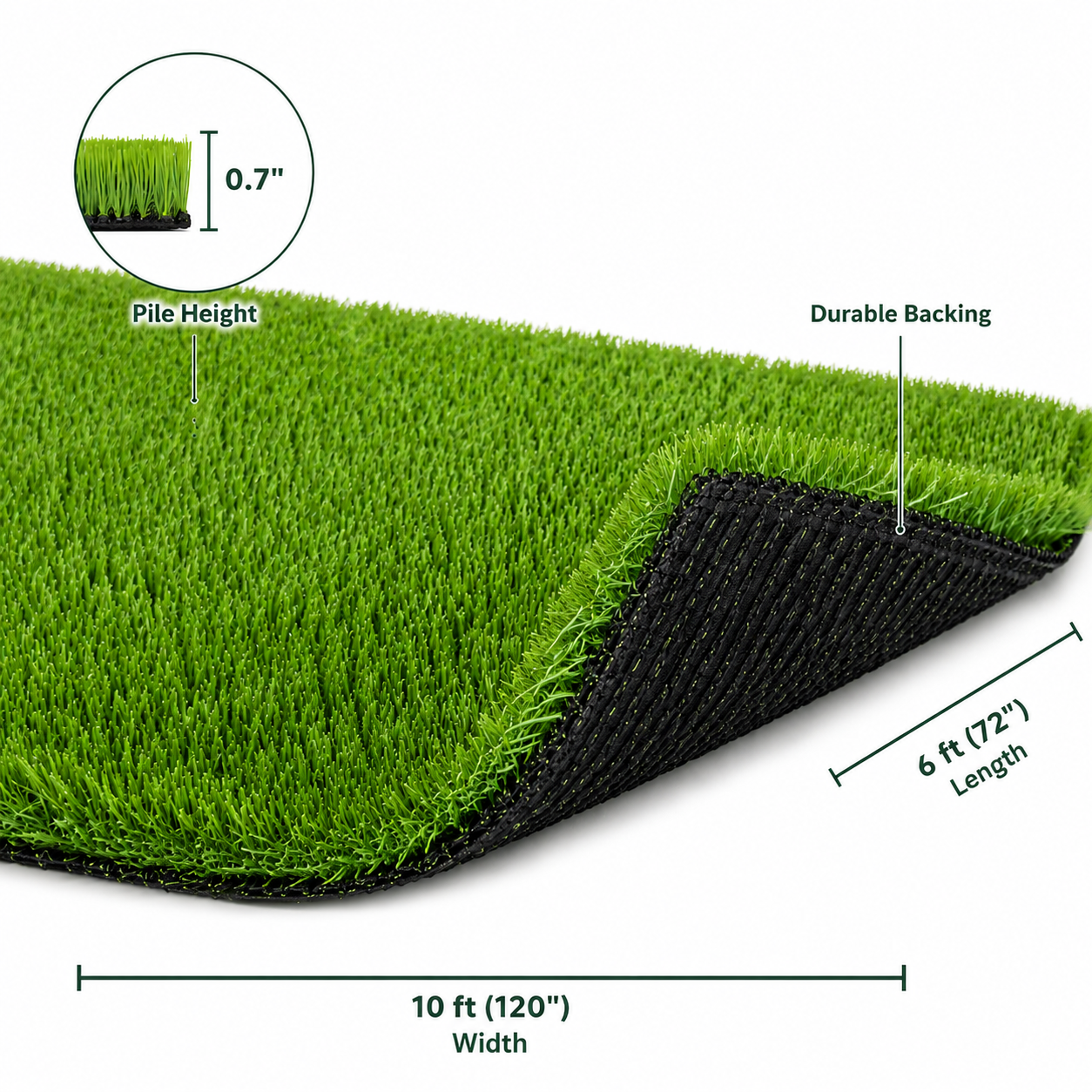 Outdoor Artificial Grass Roll - 0.7" Pile Height, 6 ft x 10 ft, Non-Adhesive Backing