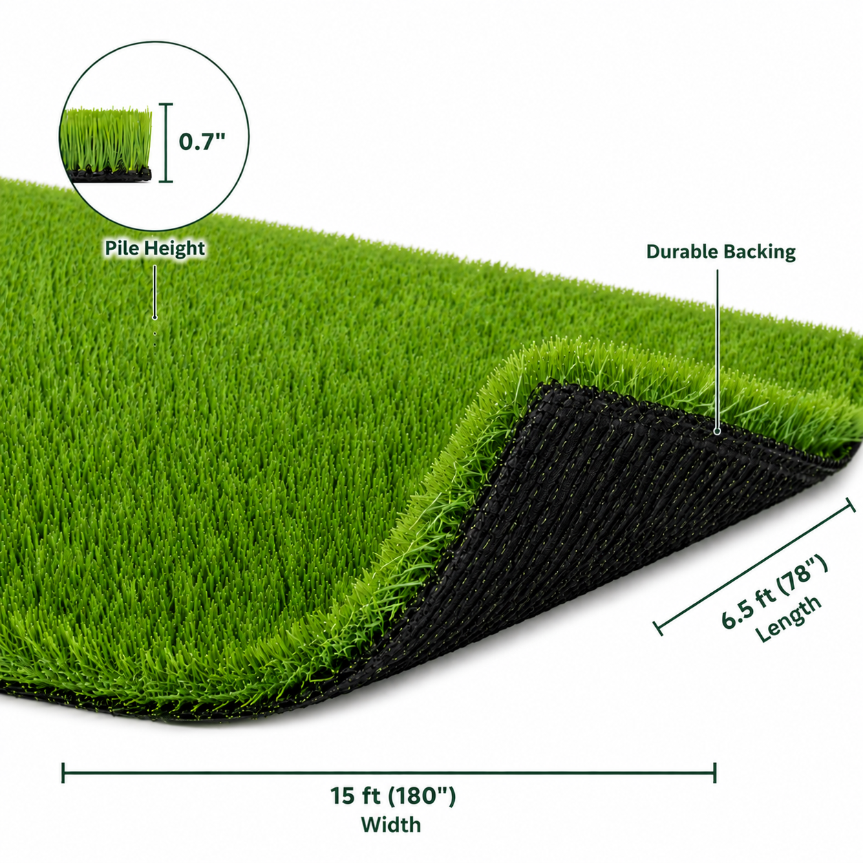 Outdoor Artificial Grass Roll - 0.7" Pile Height, 6.5 ft x 15 ft, Non-Adhesive Backing