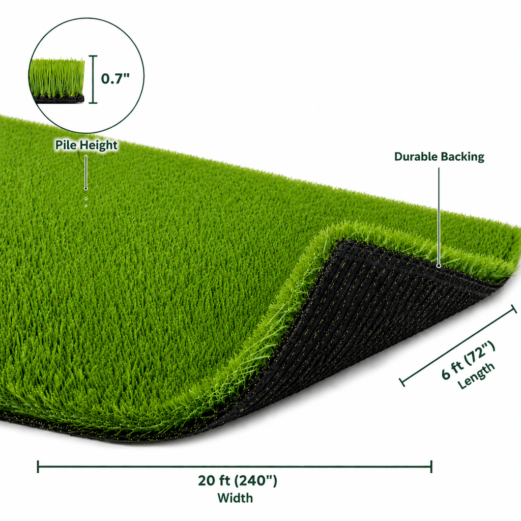 Outdoor Artificial Grass Roll - 0.7" Pile Height, 6 ft x 20 ft