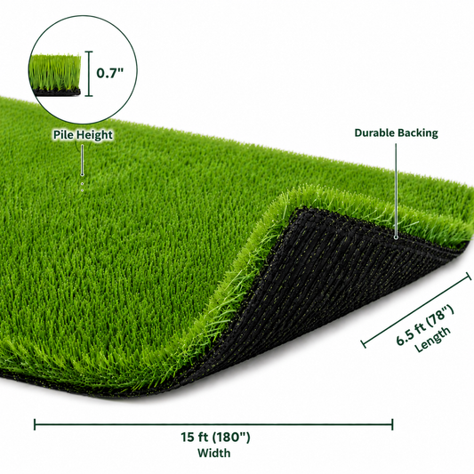 Outdoor Artificial Grass Roll - 0.7" Pile Height, 6.5 ft x 15 ft