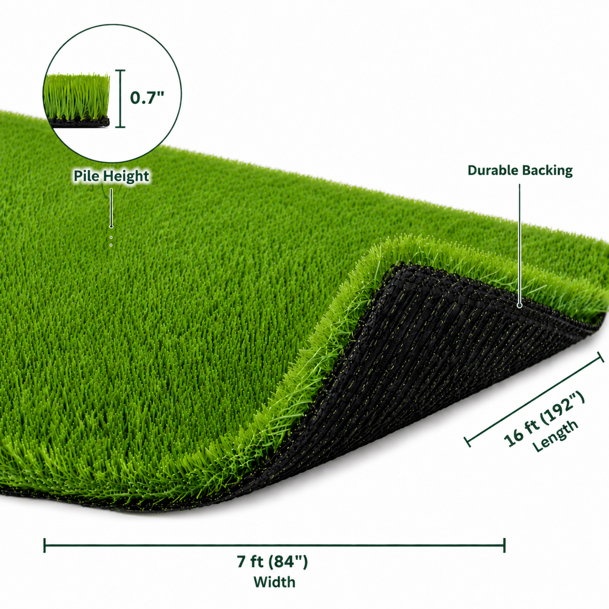 Outdoor Artificial Grass Roll - 0.7" Pile Height, 7 ft x 16 ft