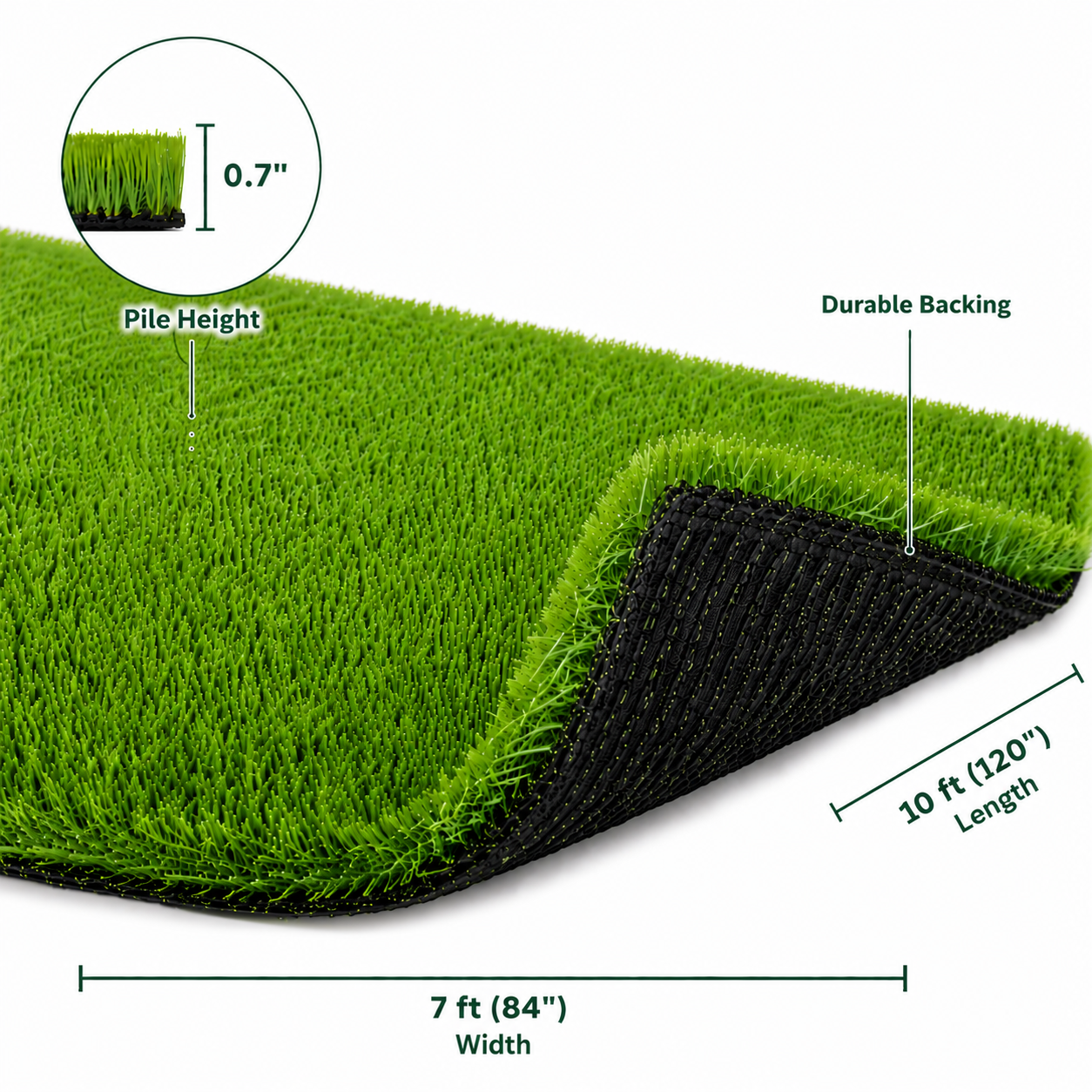 Outdoor Artificial Grass Roll - 0.7" Pile Height, 7 ft x 10 ft