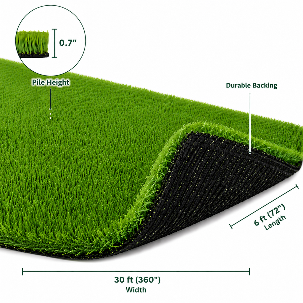 Outdoor Artificial Grass Roll - 0.7" Pile Height, 6 ft x 30 ft