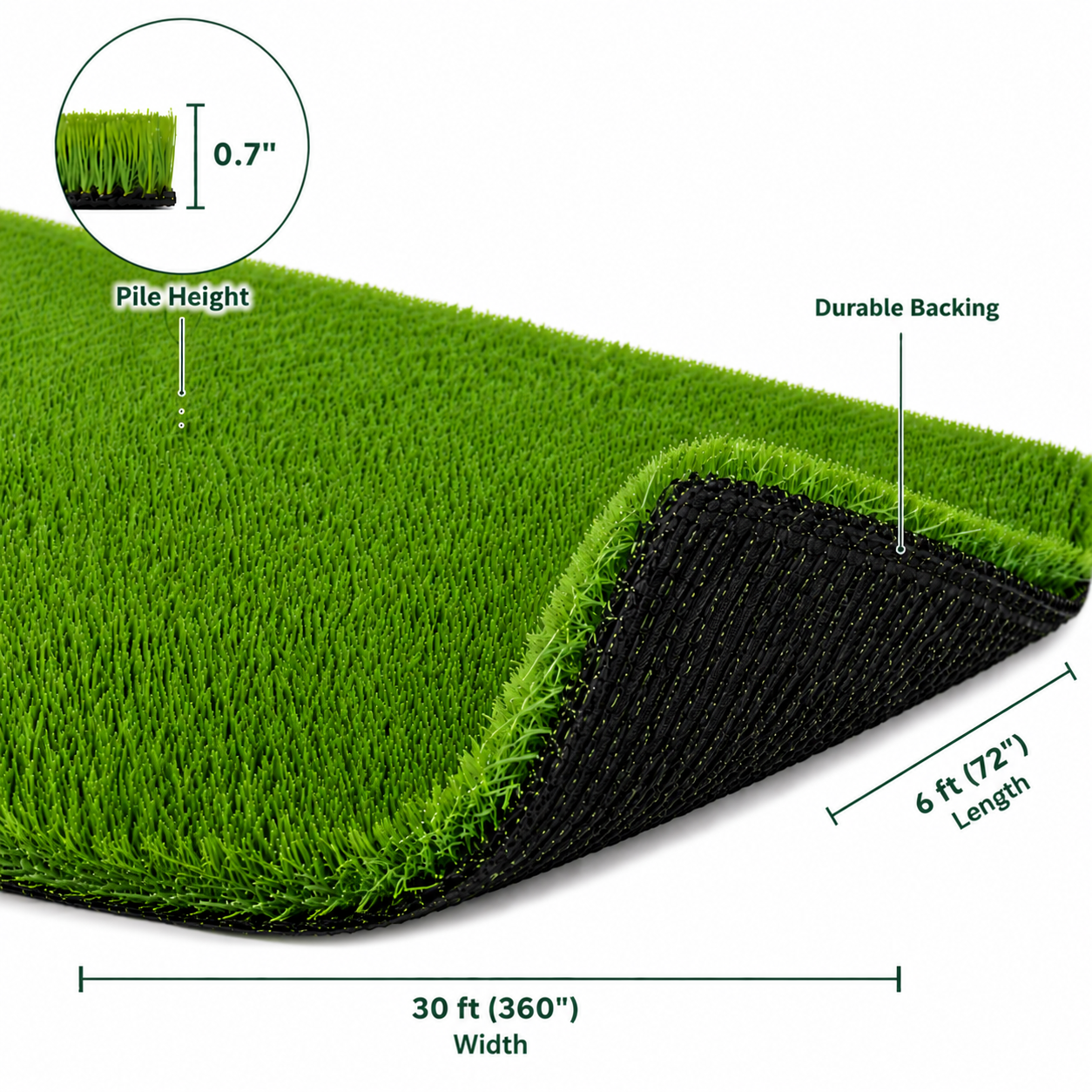 Outdoor Artificial Grass Roll - 0.7" Pile Height, 6 ft x 30 ft